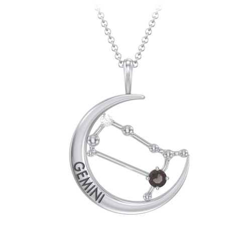 Engravable Gemini Constellation Necklace With Gemstone – Sterling Silver with Smokey Quartz and White Premium Zirconia