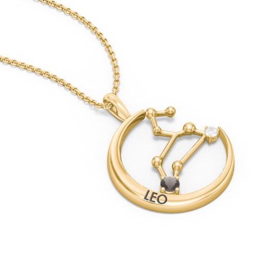 Engravable Leo Constellation Necklace With Gemstone – 18K Gold Plated Silver with Smokey Quartz and White Premium Zirconia