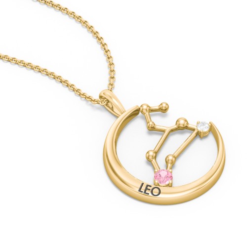 Engravable Leo Constellation Necklace With Gemstone – 18K Gold Plated Silver with Pink Tourmaline and White Premium Zirconia