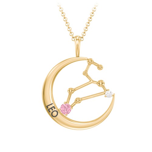 Engravable Leo Constellation Necklace With Gemstone – 18K Gold Plated Silver with Pink Tourmaline and White Premium Zirconia