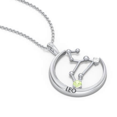 Engravable Leo Constellation Necklace With Gemstone – Sterling Silver with Peridot and White Premium Zirconia