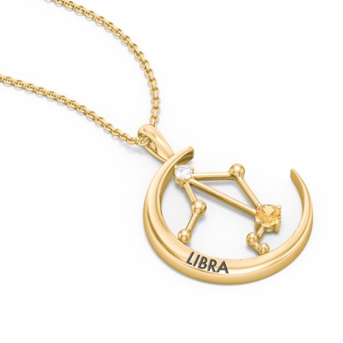 Engravable Libra Constellation Necklace With Gemstone – 18K Gold Plated Silver with Citrine and White Premium Zirconia
