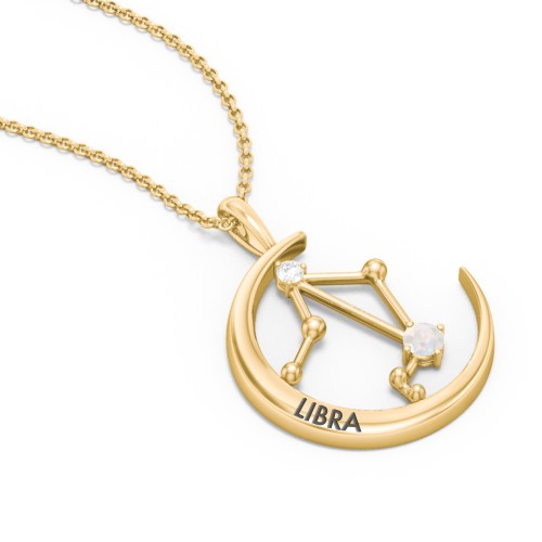 Engravable Libra Constellation Necklace With Gemstone – 18K Gold Plated Silver with Opal and White Premium Zirconia