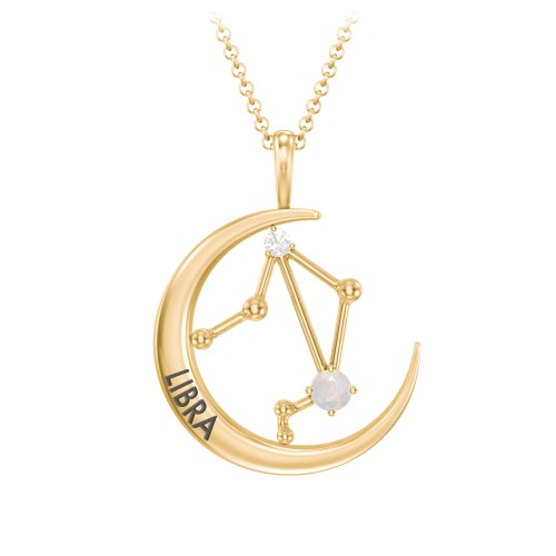 Engravable Libra Constellation Necklace With Gemstone – 18K Gold Plated Silver with Opal and White Premium Zirconia