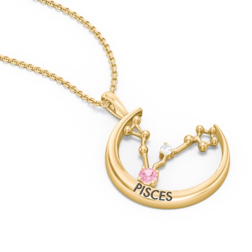 Engravable Pisces Constellation Necklace With Gemstone – 18K Gold Plated Silver with Pink Tourmaline and White Premium Zirconia