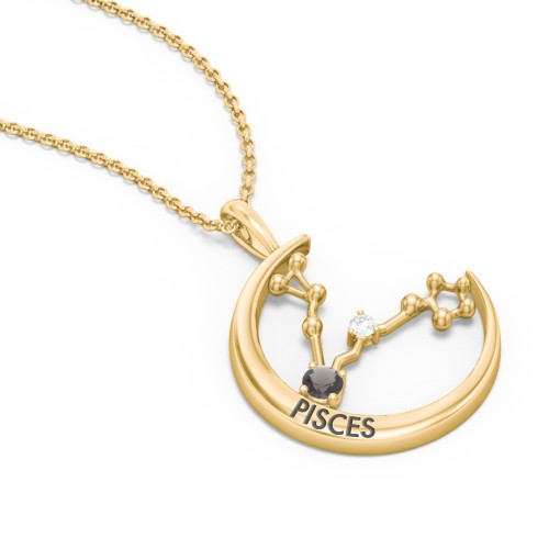 Engravable Pisces Constellation Necklace With Gemstone – 18K Gold Plated Silver with Smokey Quartz and White Premium Zirconia