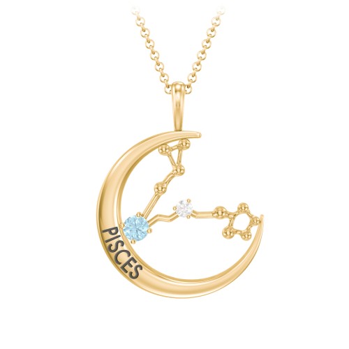 Engravable Pisces Constellation Necklace With Gemstone – 18K Gold Plated Silver with Blue Topaz and White Premium Zirconia