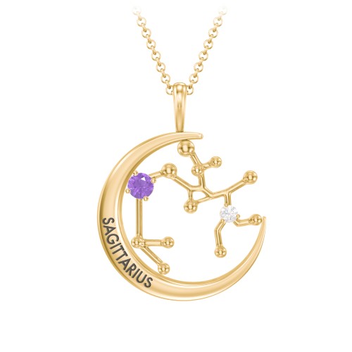 Engravable Sagittarius Constellation Necklace With Gemstone – 18K Gold Plated Silver with Amethyst and White Premium Zirconia