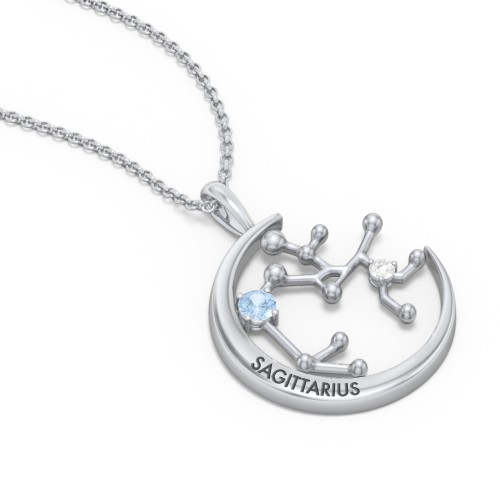 Engravable Sagittarius Constellation Necklace With Gemstone – Sterling Silver with Blue Topaz and White Premium Zirconia