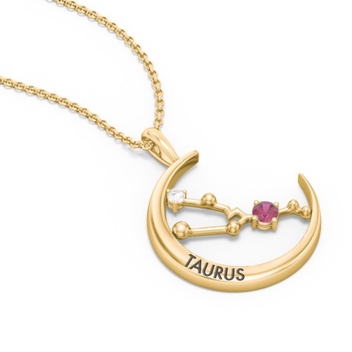 Engravable Taurus Constellation Necklace With Gemstone – 18K Gold Plated Silver with Ruby and White Premium Zirconia