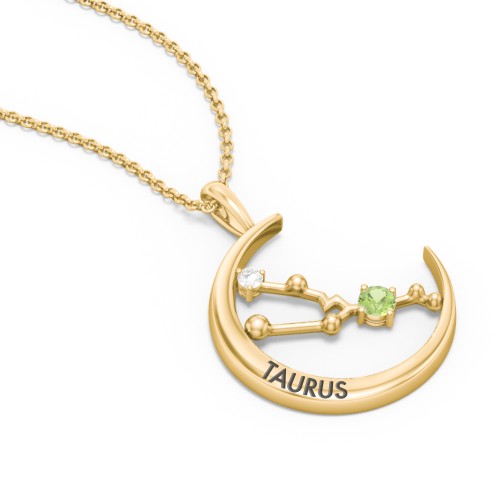 Engravable Taurus Constellation Necklace With Gemstone – 18K Gold Plated Silver with Peridot and White Premium Zirconia