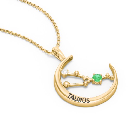 Engravable Taurus Constellation Necklace With Gemstone – 18K Gold Plated Silver with Emerald and White Premium Zirconia
