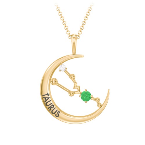 Engravable Taurus Constellation Necklace With Gemstone – 18K Gold Plated Silver with Emerald and White Premium Zirconia