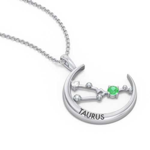 Engravable Taurus Constellation Necklace With Gemstone – Sterling Silver with Emerald and White Premium Zirconia