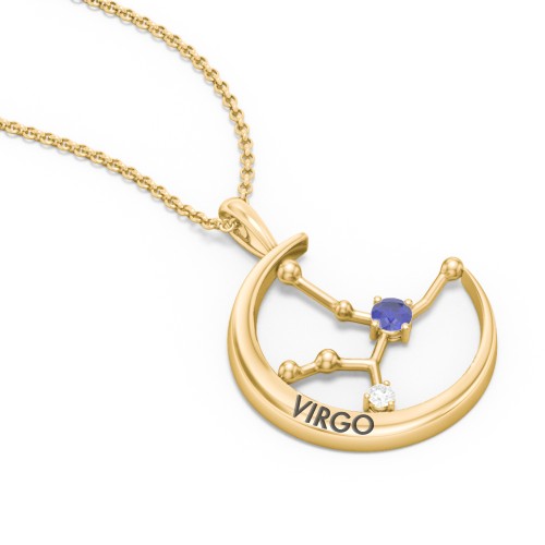 Engravable Virgo Constellation Necklace With Gemstone – 18K Gold Plated Silver with Blue Sapphire and White Premium Zirconia