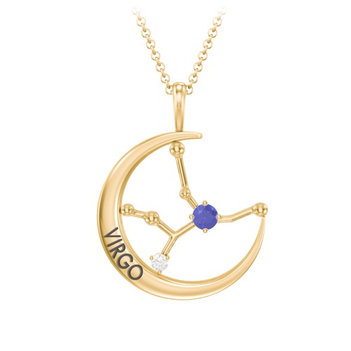 Engravable Virgo Constellation Necklace With Gemstone – 18K Gold Plated Silver with Blue Sapphire and White Premium Zirconia