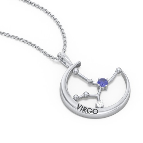 Engravable Virgo Constellation Necklace With Gemstone – Sterling Silver with Blue Sapphire and White Premium Zirconia