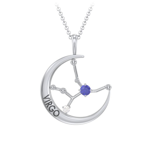 Engravable Virgo Constellation Necklace With Gemstone – Sterling Silver with Blue Sapphire and White Premium Zirconia
