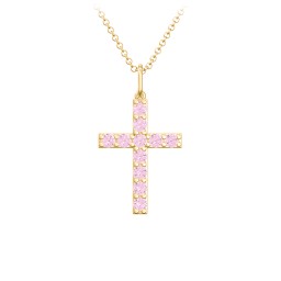 Medium Gemstone Cross Pendant in 18K Gold Plated Silver with Pink Tourmaline