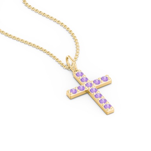 Medium Gemstone Cross Pendant – 18K Gold Plated Silver with Amethyst