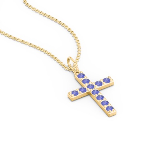 Medium Gemstone Cross Pendant – 18K Gold Plated Silver with Blue Sapphire