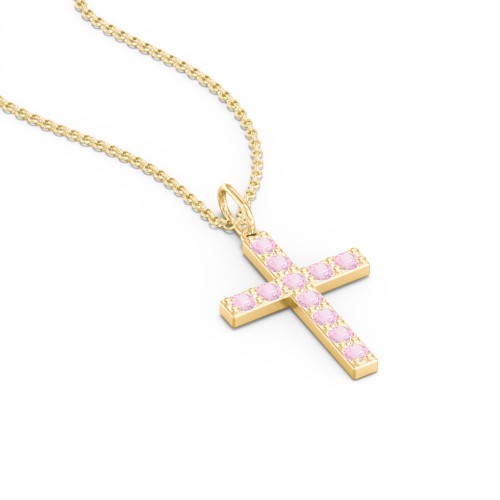 Medium Gemstone Cross Pendant – 18K Gold Plated Silver with Pink Tourmaline
