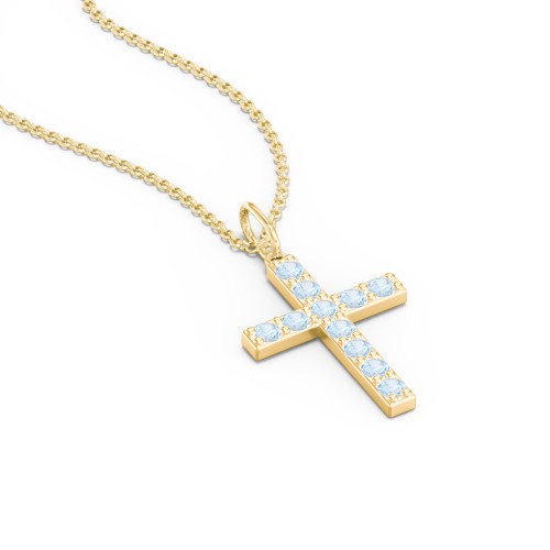 Medium Gemstone Cross Pendant – 18K Gold Plated Silver with Blue Topaz