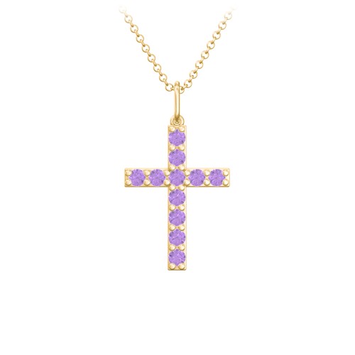 Medium Gemstone Cross Pendant – 18K Gold Plated Silver with Amethyst