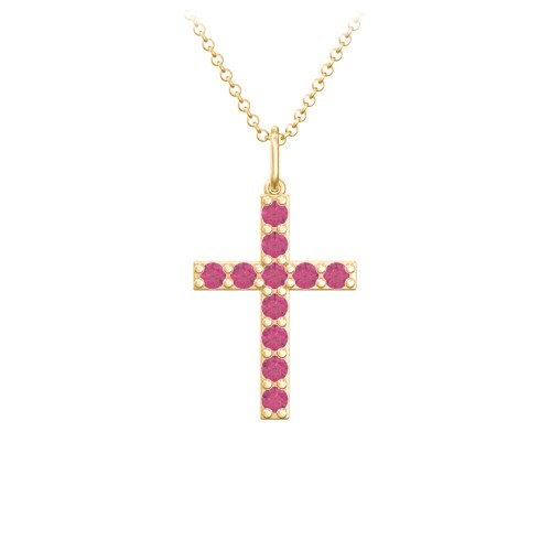 Medium Gemstone Cross Pendant – 18K Gold Plated Silver with Ruby