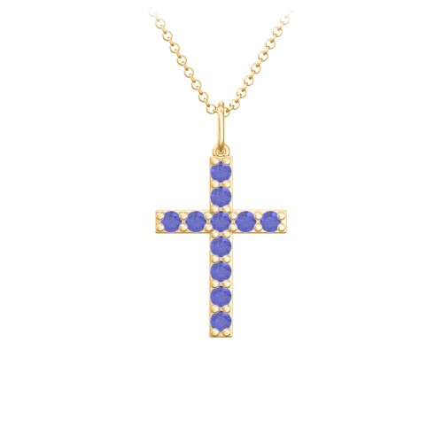 Medium Gemstone Cross Pendant – 18K Gold Plated Silver with Blue Sapphire