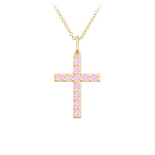 Medium Gemstone Cross Pendant – 18K Gold Plated Silver with Pink Tourmaline