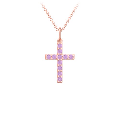 Small Gemstone Cross Pendant – 10K Rose Gold with Amethyst