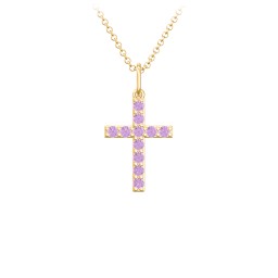 Small Gemstone Cross Pendant in 18K Gold Plated Silver with Amethyst