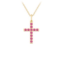 Small Gemstone Cross Pendant in 18K Gold Plated Silver with Ruby