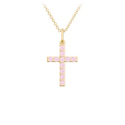 Small Gemstone Cross Pendant in 18K Gold Plated Silver with Pink Tourmaline