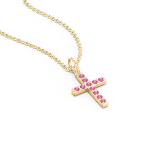 Small Gemstone Cross Pendant – 18K Gold Plated Silver with Ruby