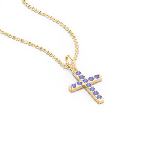 Small Gemstone Cross Pendant – 18K Gold Plated Silver with Blue Sapphire