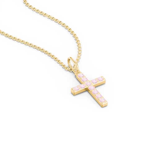 Small Gemstone Cross Pendant – 18K Gold Plated Silver with Pink Tourmaline