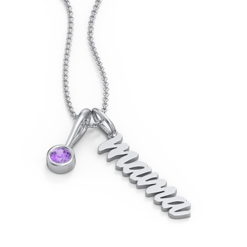 Script Mama Necklace with Birthstone Charm – Sterling Silver with Amethyst