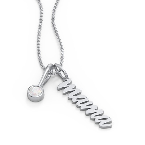 Script Mama Necklace with Birthstone Charm – Sterling Silver with Opal
