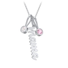 Script Mama Necklace with 2 Birthstone Charms – Sterling Silver with Opal and Pink Tourmaline