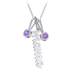 Script Mama Necklace with 2 Birthstone Charms in 925 Sterling Silver with Amethyst