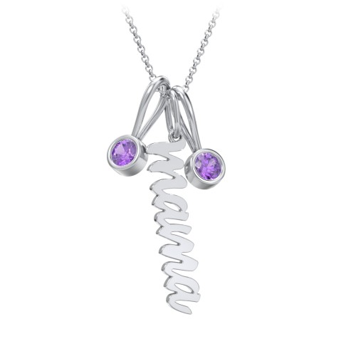 Script Mama Necklace with 2 Birthstone Charms – Sterling Silver with Amethyst