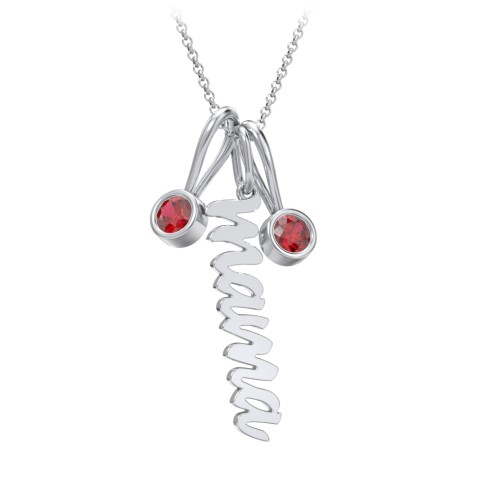 Script Mama Necklace with 2 Birthstone Charms – Sterling Silver with Garnet