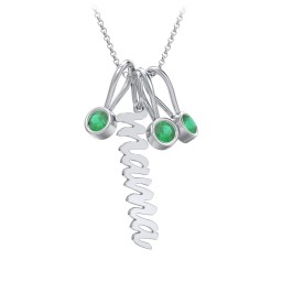 Script Mama Necklace with 3 Birthstone Charms in 925 Sterling Silver with Emerald