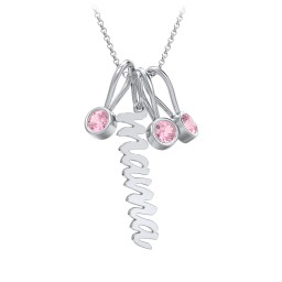 Script Mama Necklace with 3 Birthstone Charms in 925 Sterling Silver with Pink Tourmaline