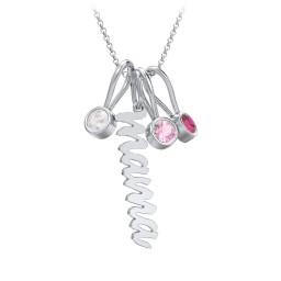 Script Mama Necklace with 3 Birthstone Charms in 925 Sterling Silver with Opal, Pink Tourmaline, and Ruby