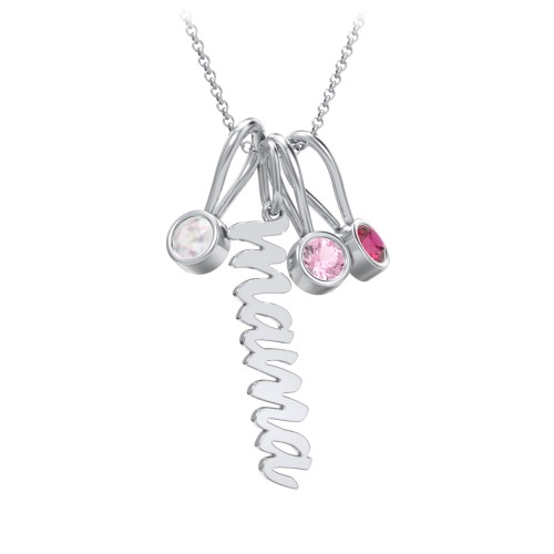 Script Mama Necklace with 3 Birthstone Charms – Sterling Silver with Opal, Pink Tourmaline, and Ruby