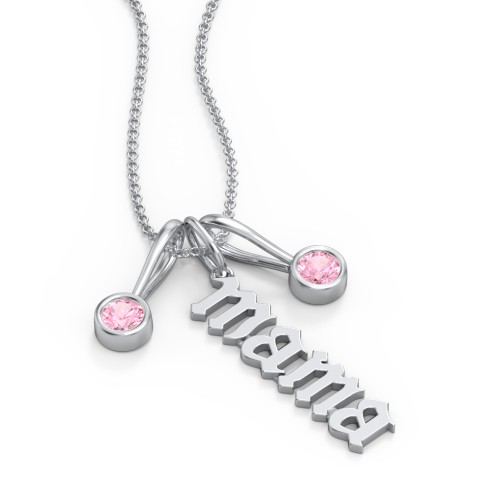 Gothic Mama Necklace with 2 Birthstone Charms – Sterling Silver with Pink Tourmaline