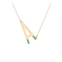 Asymmetrical Initial Necklace with Accent Stones - A in 18K Gold Plated Silver with Emerald